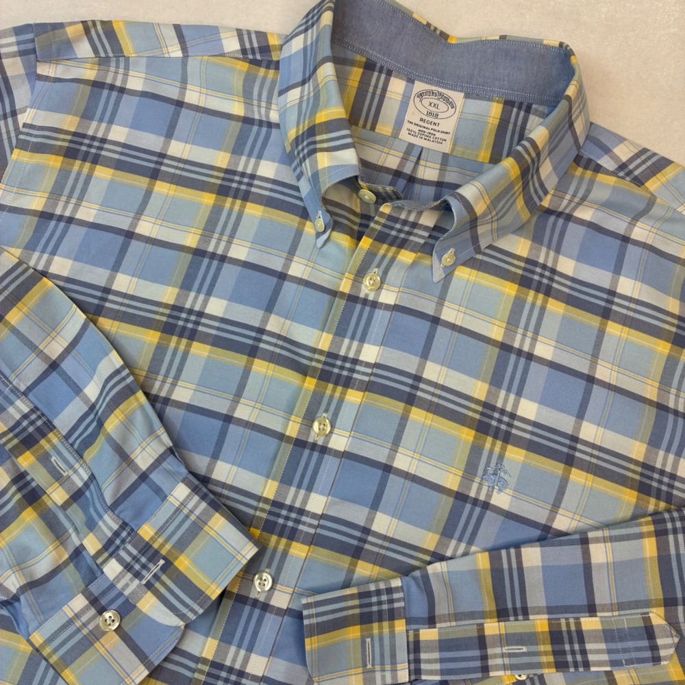 Brooks Brothers Shirt Mens XXL Blue Yellow Plaid Regent Non-Iron Supima Cotton